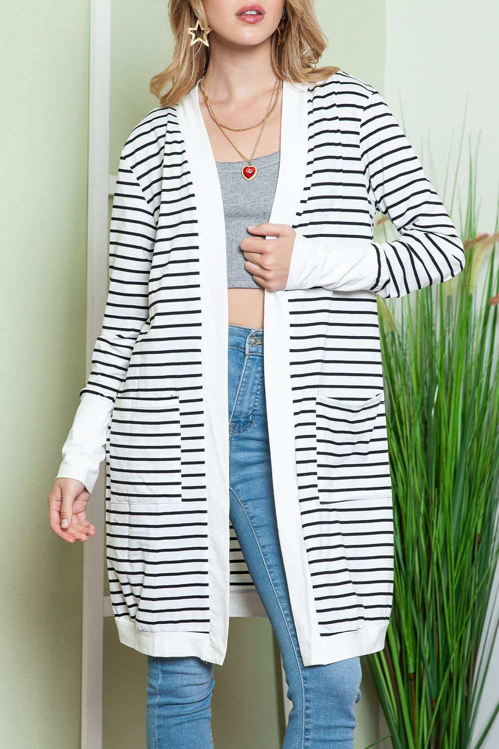 White Striped Side Pockets Open Front Long Cardigan 