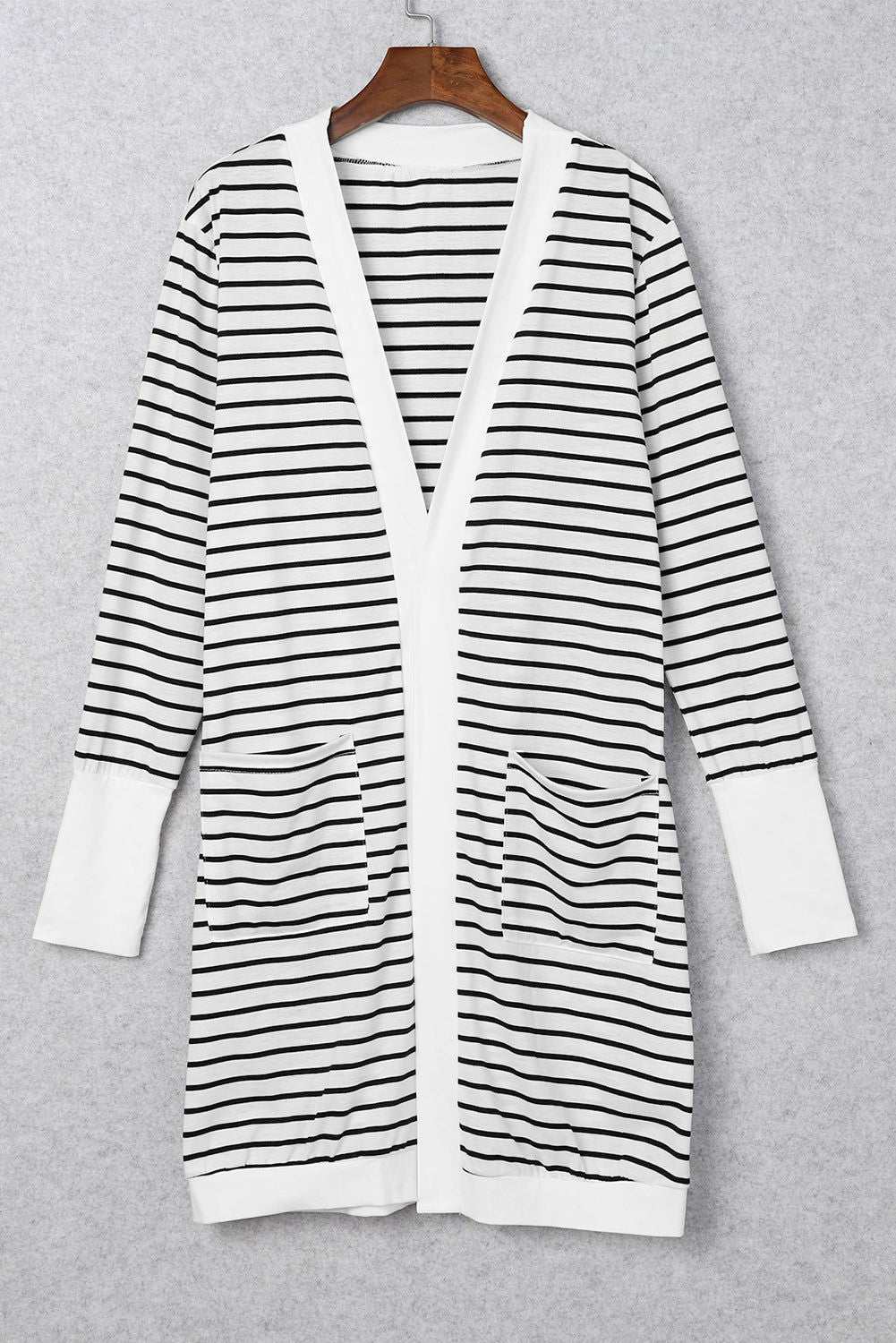 White Striped Side Pockets Open Front Long Cardigan 