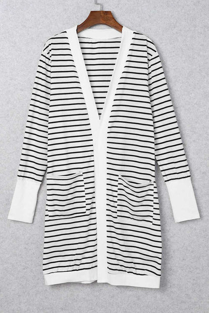 White Striped Side Pockets Open Front Long Cardigan 