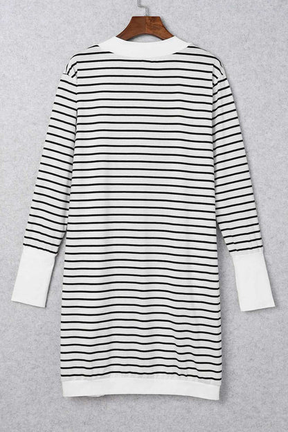 White Striped Side Pockets Open Front Long Cardigan 