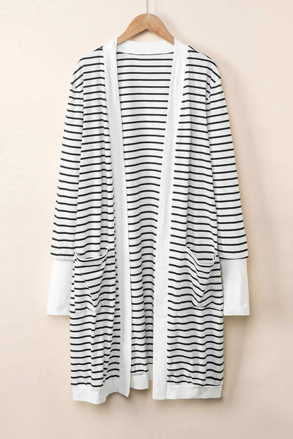 White Striped Side Pockets Open Front Long Cardigan 