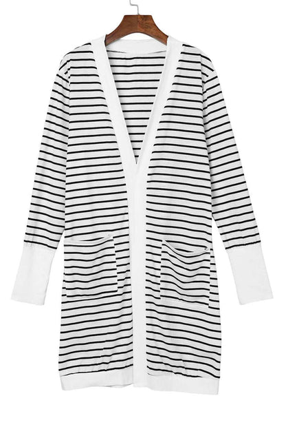 White Striped Side Pockets Open Front Long Cardigan 