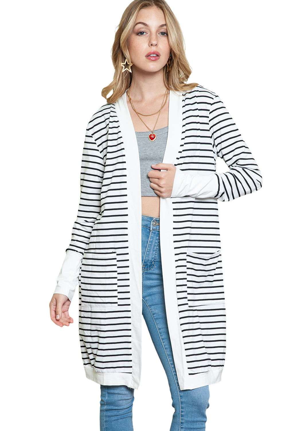 White Striped Side Pockets Open Front Long Cardigan 