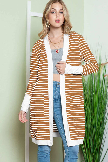 White Striped Side Pockets Open Front Long Cardigan 