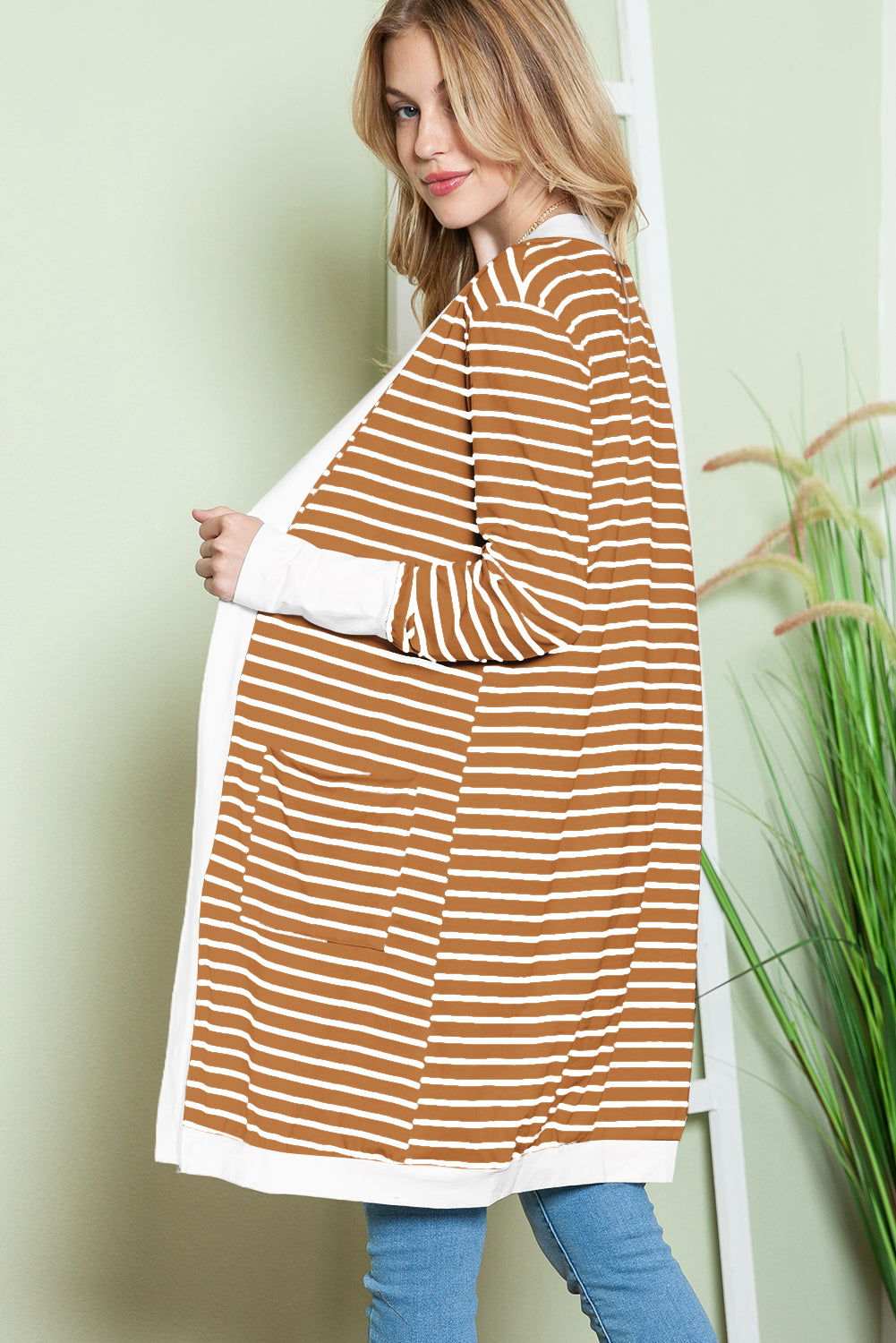 White Striped Side Pockets Open Front Long Cardigan 