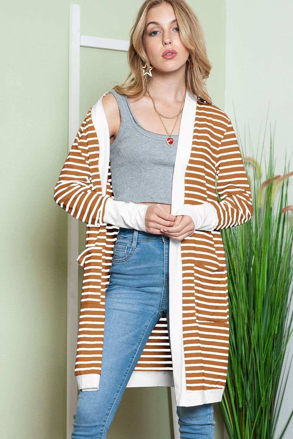 White Striped Side Pockets Open Front Long Cardigan 