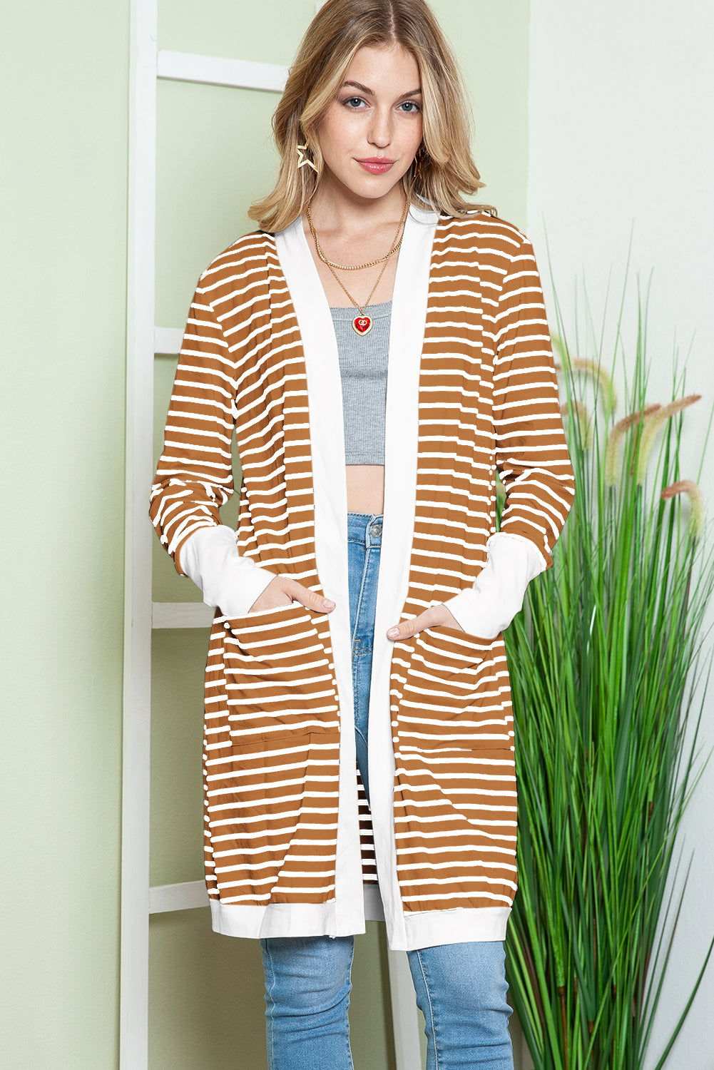 White Striped Side Pockets Open Front Long Cardigan 