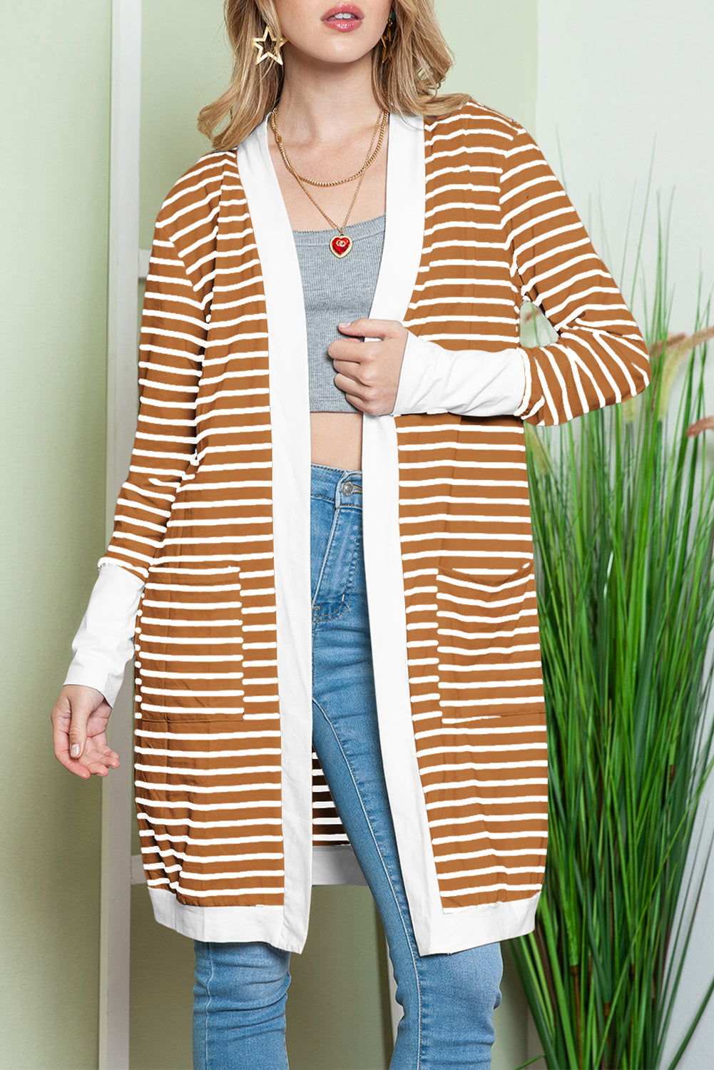 White Striped Side Pockets Open Front Long Cardigan 