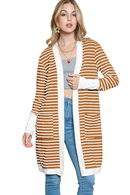 White Striped Side Pockets Open Front Long Cardigan 