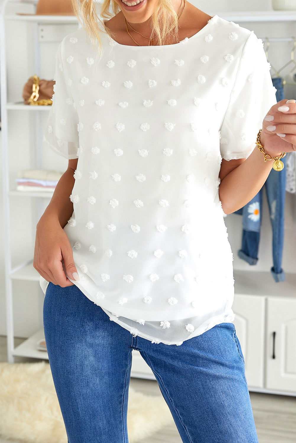 White Swiss Dot Jacquard Summer Top 