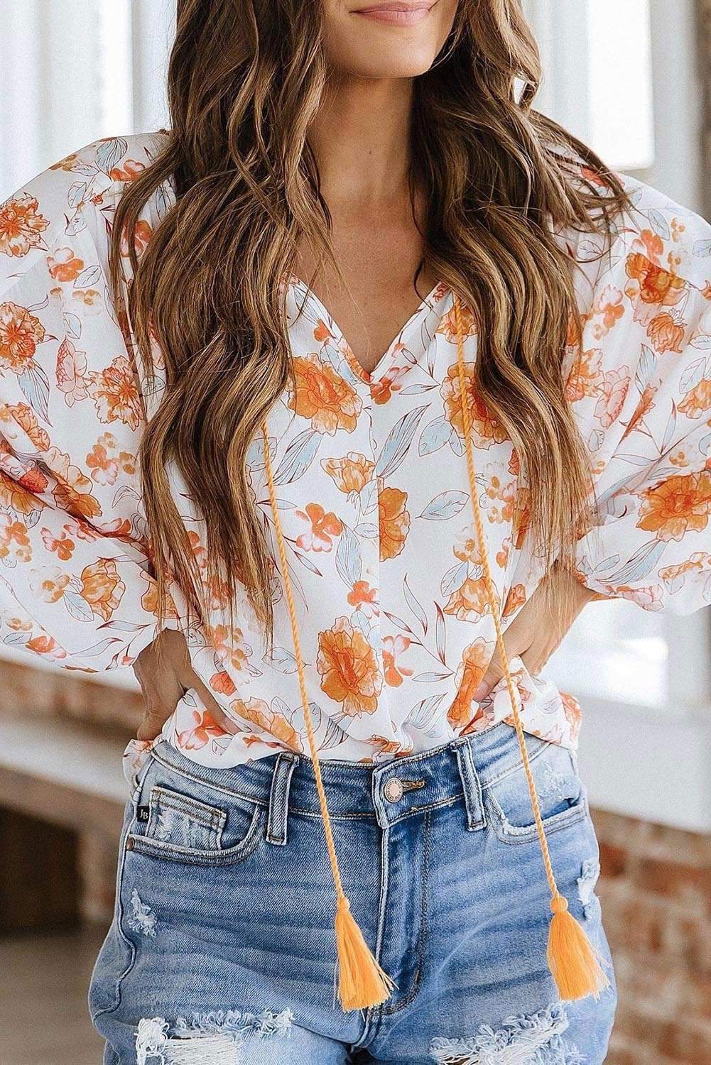 White Tassel Tie V Neck Bubble Sleeve Floral Blouse 