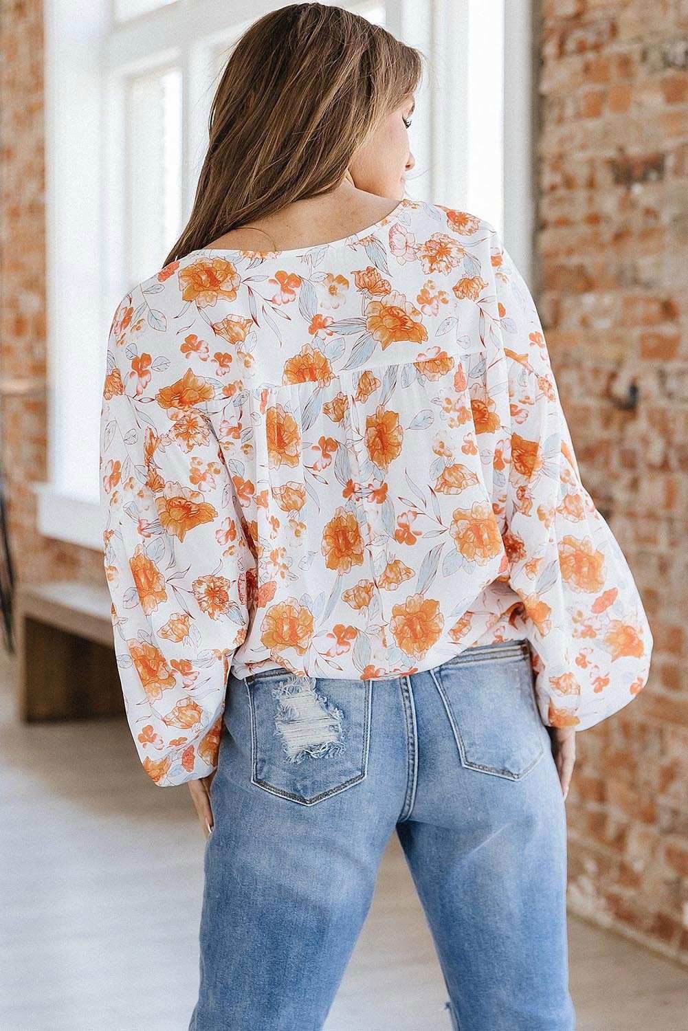 White Tassel Tie V Neck Bubble Sleeve Floral Blouse 