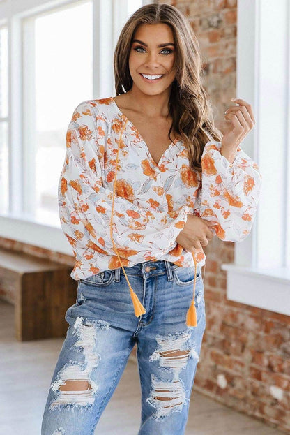 White Tassel Tie V Neck Bubble Sleeve Floral Blouse 