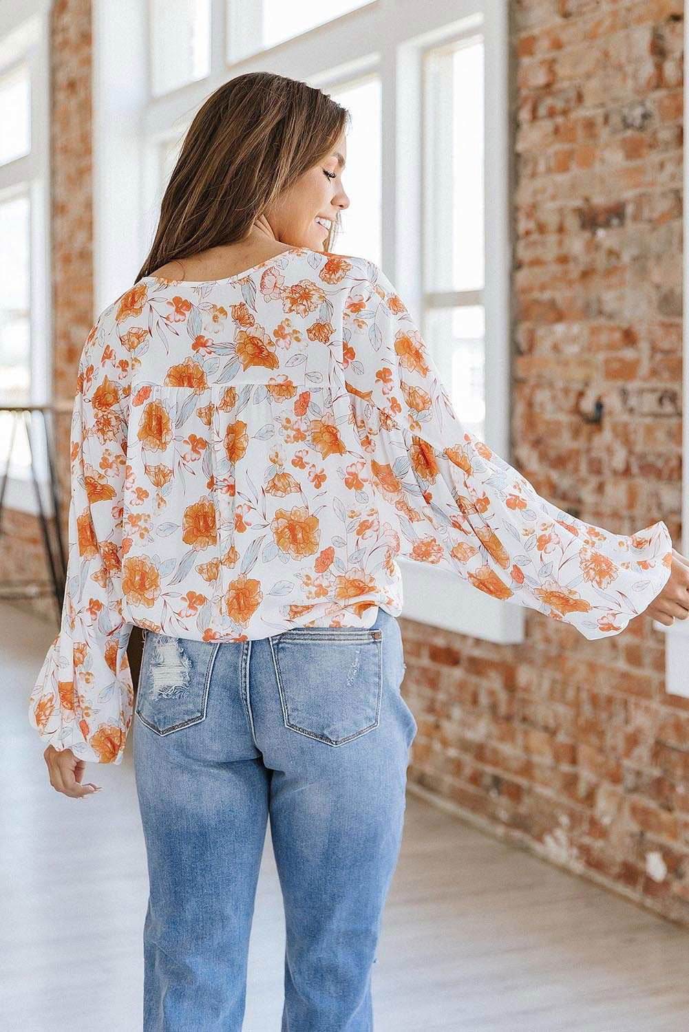 White Tassel Tie V Neck Bubble Sleeve Floral Blouse 