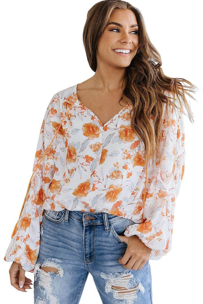 White Tassel Tie V Neck Bubble Sleeve Floral Blouse 