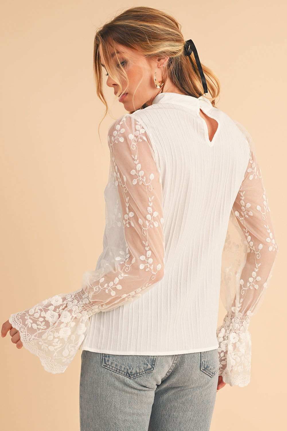 White Textured Contrast Lace Sleeve Mock Neck Blouse 