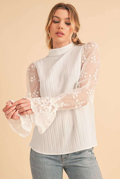 White Textured Contrast Lace Sleeve Mock Neck Blouse 