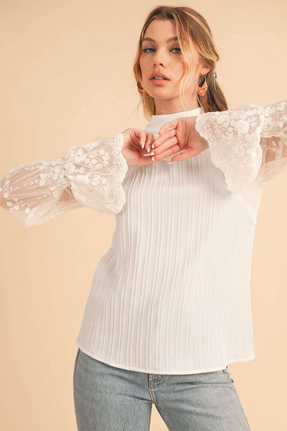 White Textured Contrast Lace Sleeve Mock Neck Blouse 