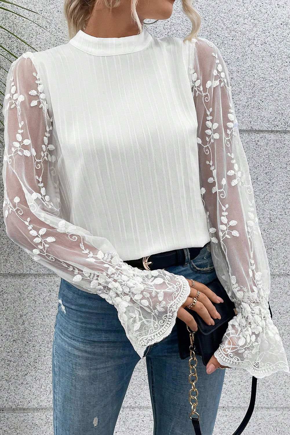 White Textured Contrast Lace Sleeve Mock Neck Blouse 