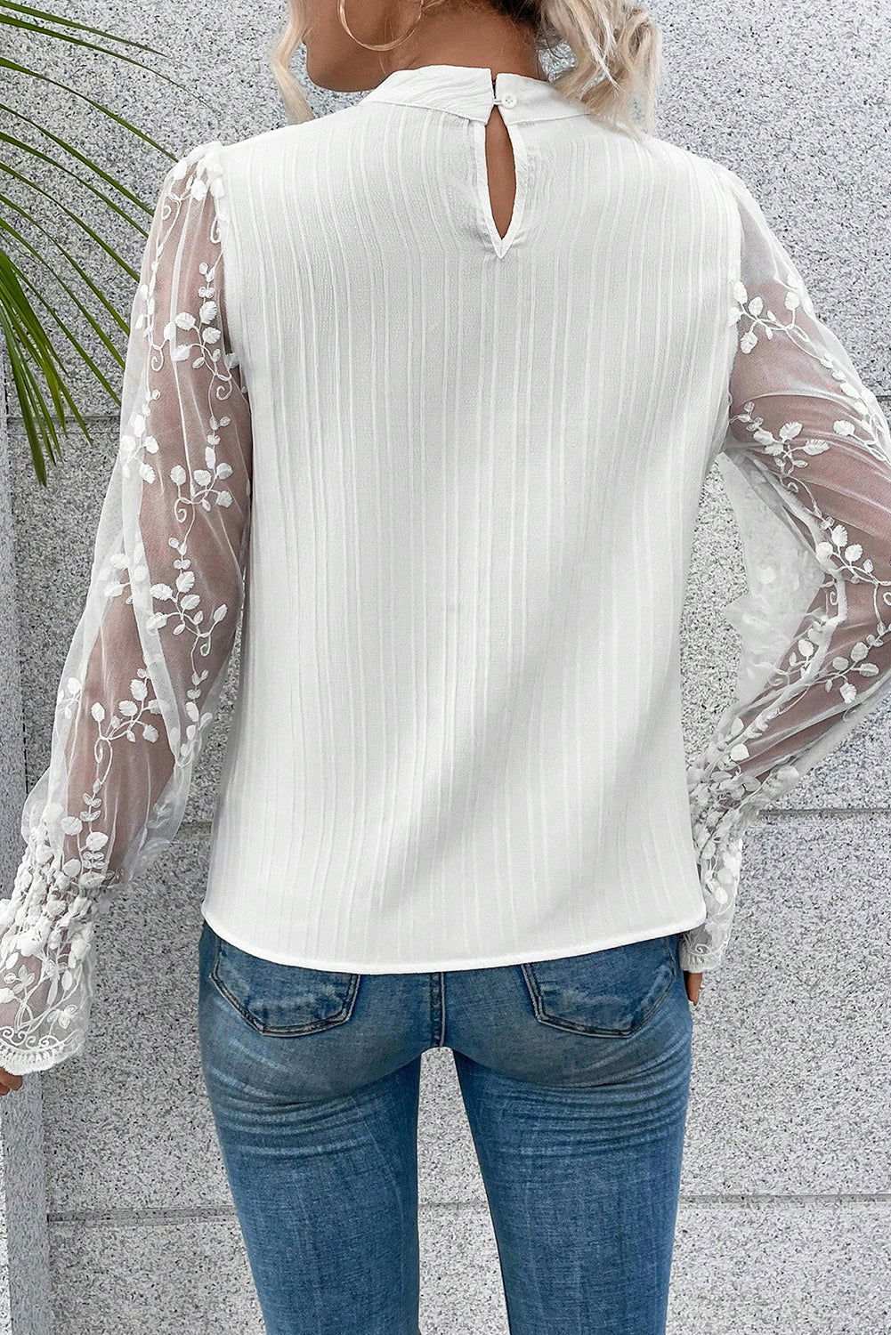 White Textured Contrast Lace Sleeve Mock Neck Blouse 