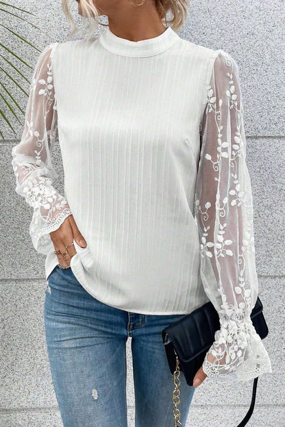 White Textured Contrast Lace Sleeve Mock Neck Blouse 