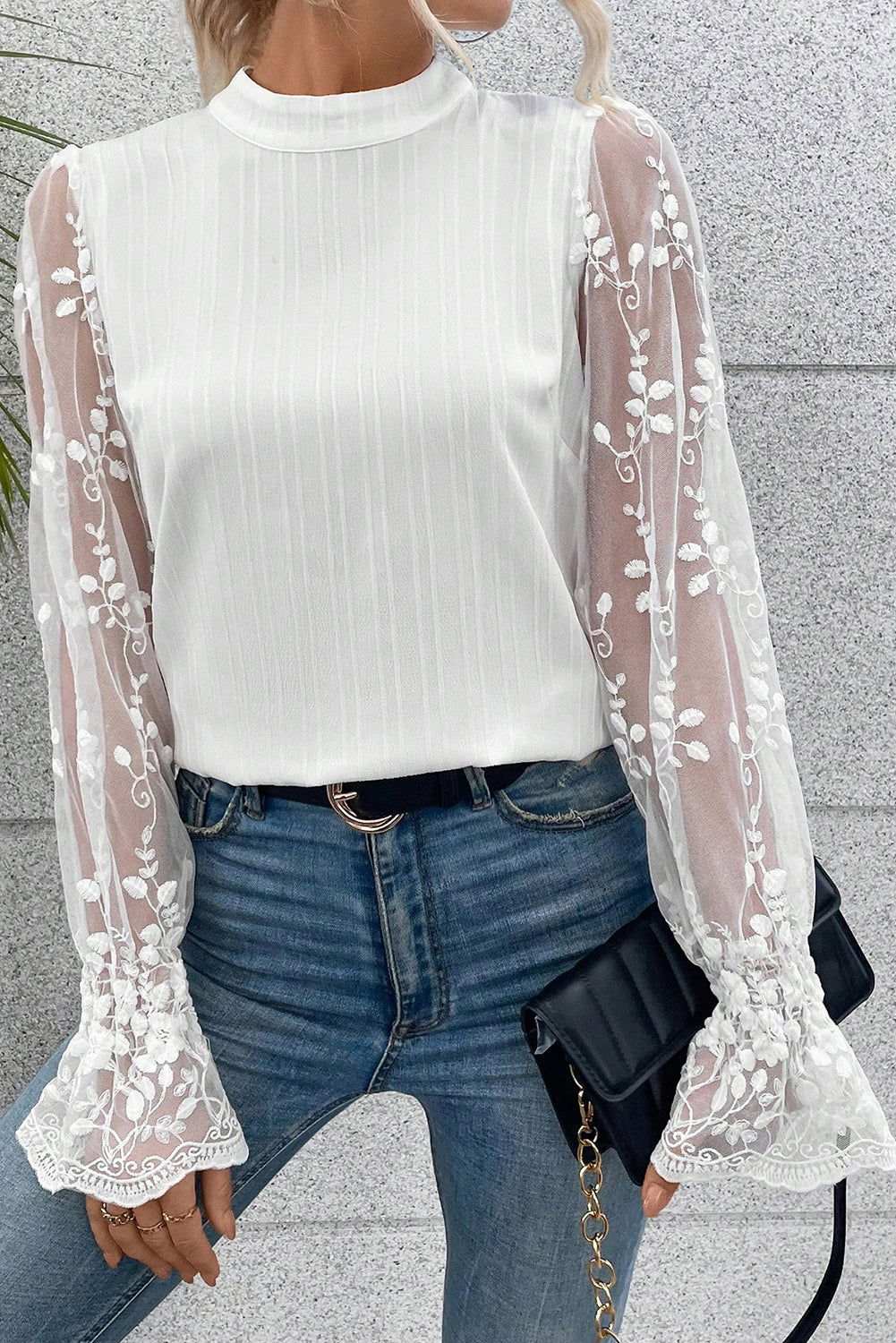 White Textured Contrast Lace Sleeve Mock Neck Blouse 