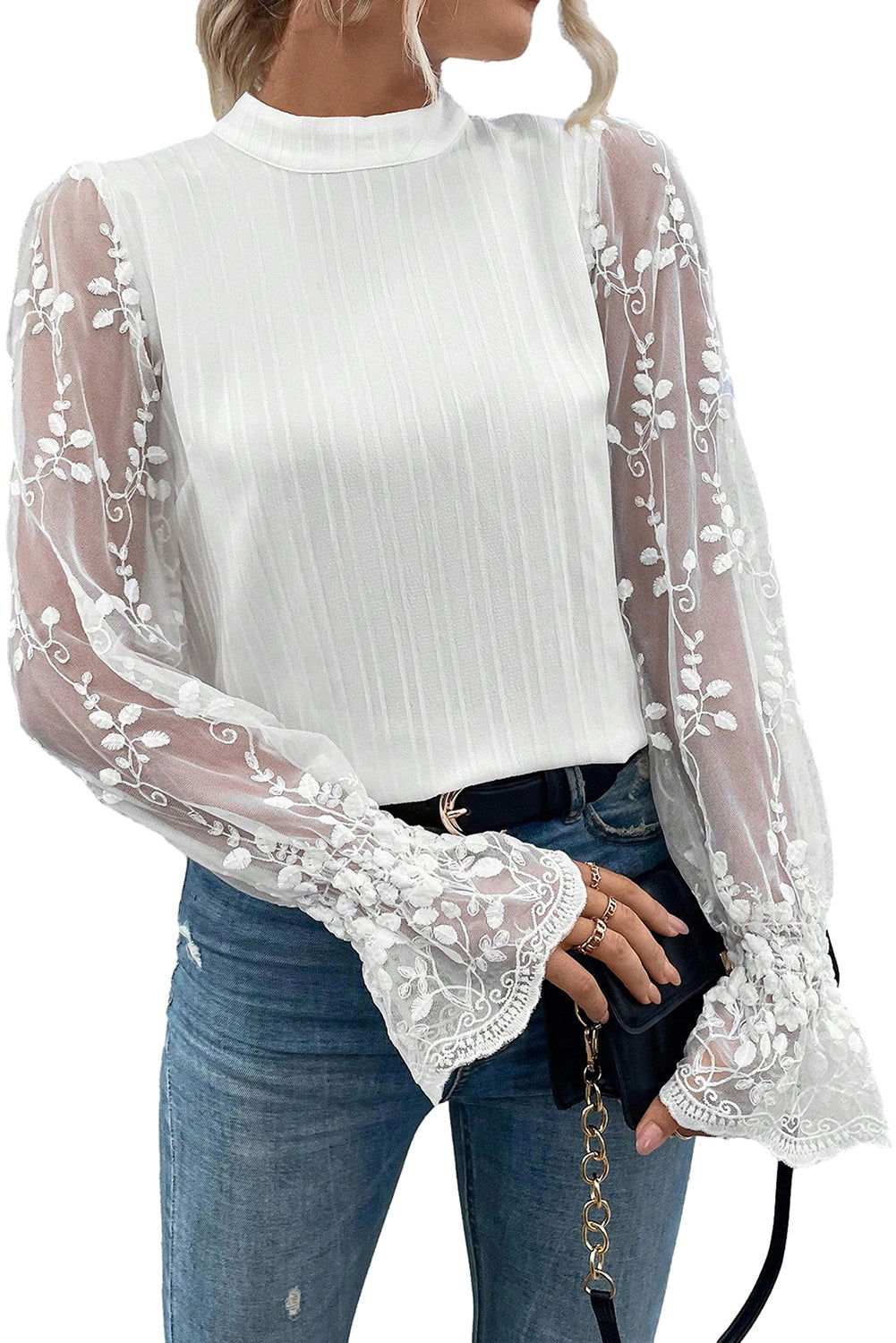 White Textured Contrast Lace Sleeve Mock Neck Blouse 