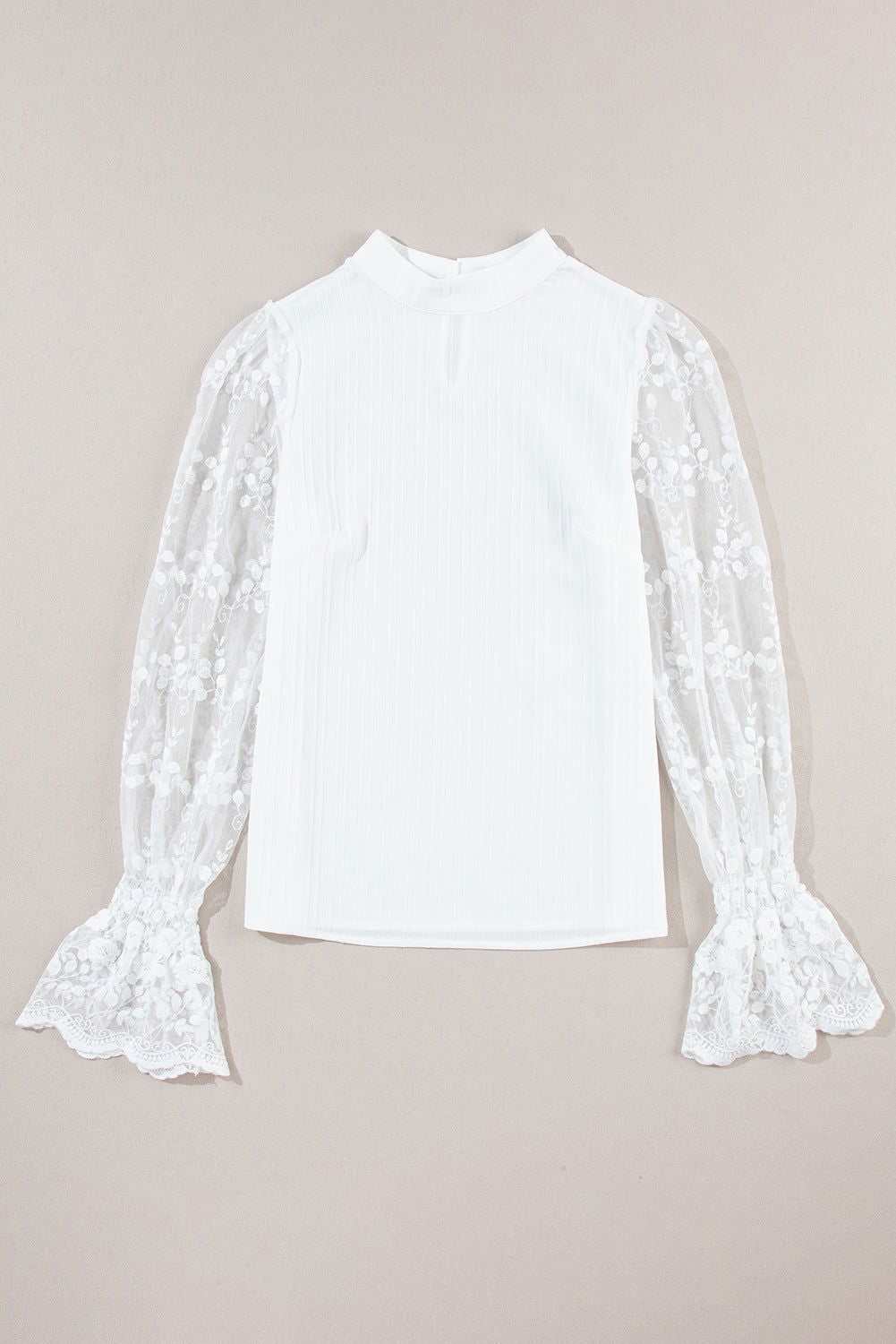 White Textured Contrast Lace Sleeve Mock Neck Blouse 