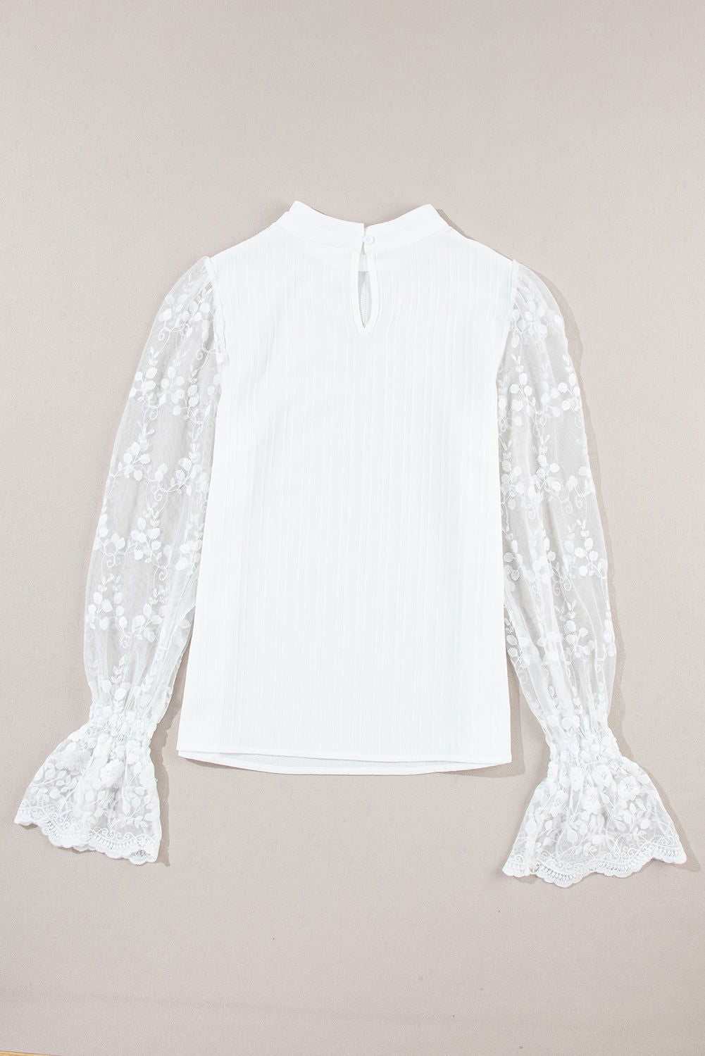 White Textured Contrast Lace Sleeve Mock Neck Blouse 