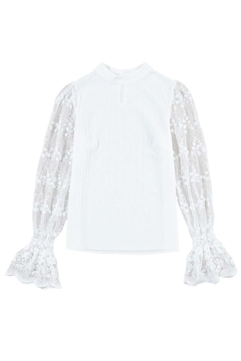 White Textured Contrast Lace Sleeve Mock Neck Blouse 