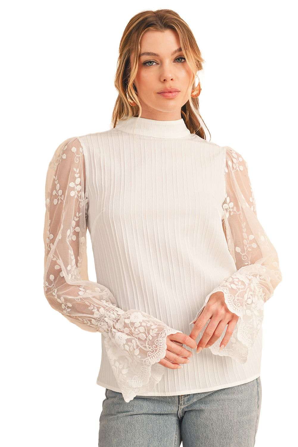 White Textured Contrast Lace Sleeve Mock Neck Blouse 