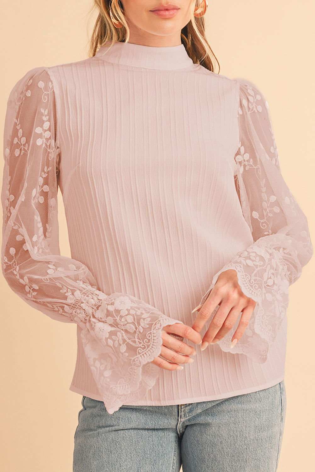 White Textured Contrast Lace Sleeve Mock Neck Blouse 