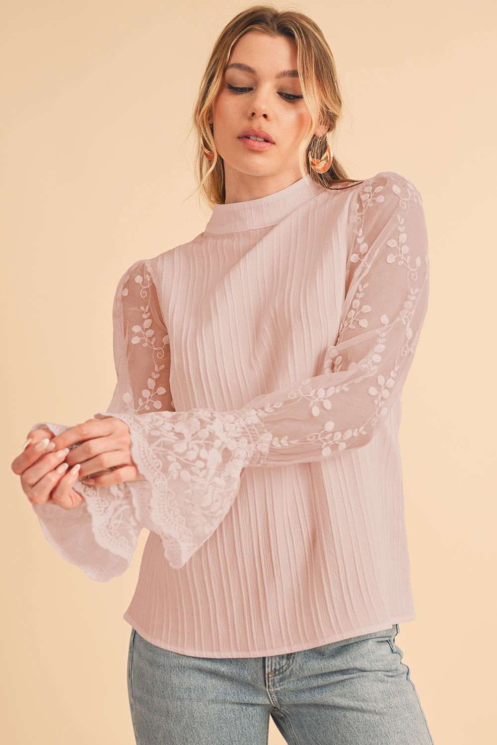 White Textured Contrast Lace Sleeve Mock Neck Blouse 