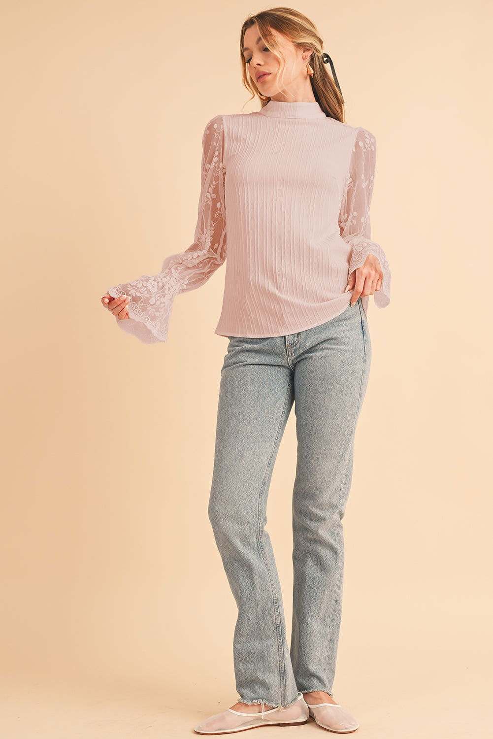 White Textured Contrast Lace Sleeve Mock Neck Blouse 