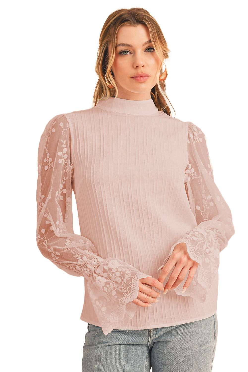 White Textured Contrast Lace Sleeve Mock Neck Blouse 