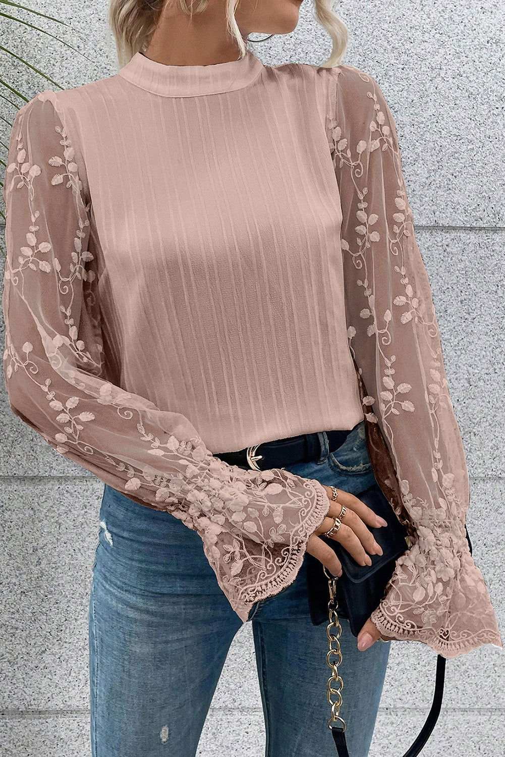 White Textured Contrast Lace Sleeve Mock Neck Blouse 