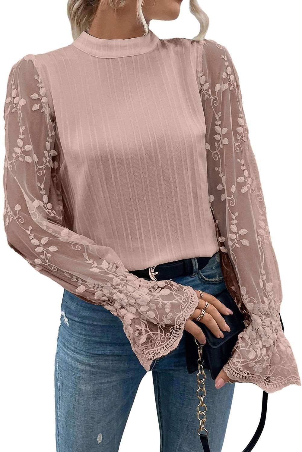 White Textured Contrast Lace Sleeve Mock Neck Blouse 