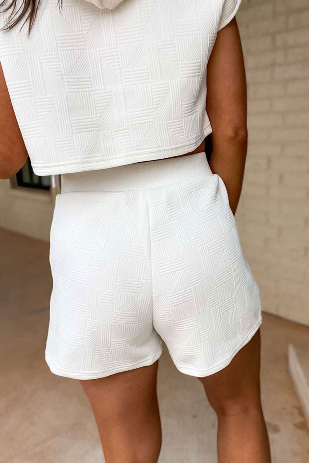 White Textured Cropped Hoodie and Pocketed Shorts Set 