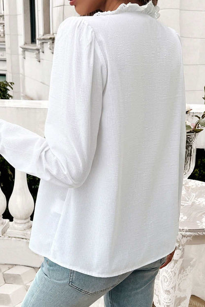 White Textured Lace Trim Ruffle Button-up Shirt 