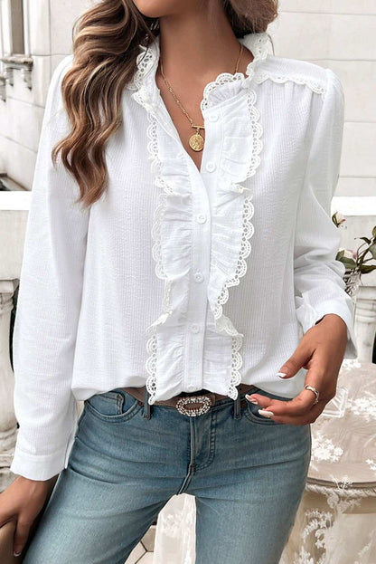 White Textured Lace Trim Ruffle Button-up Shirt 