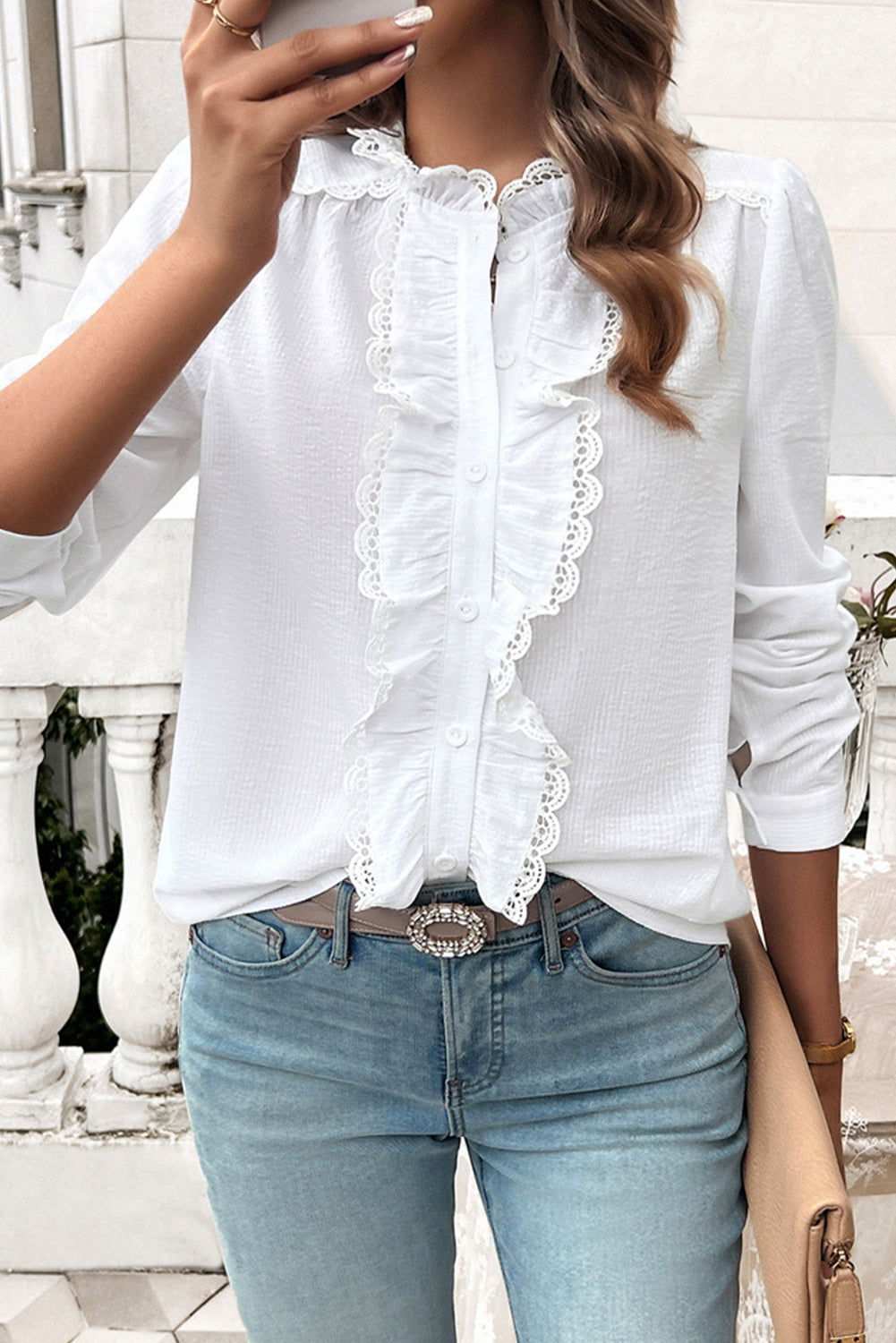 White Textured Lace Trim Ruffle Button-up Shirt 