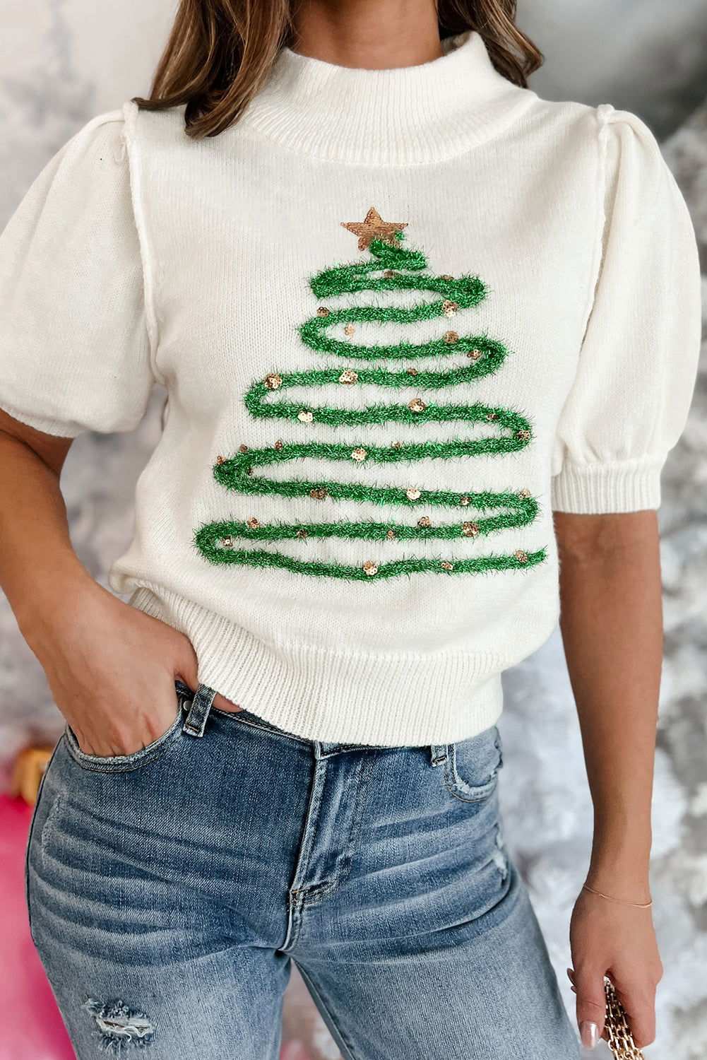 White Tinsel Christmas Tree Puff Short Sleeve Sweater 