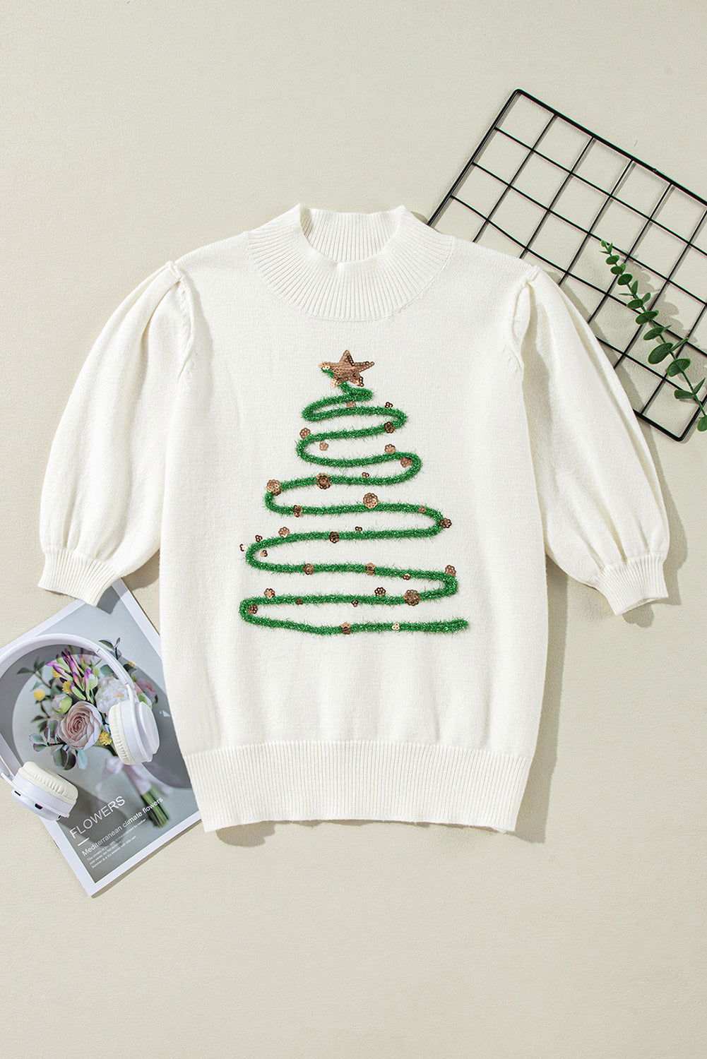 White Tinsel Christmas Tree Puff Short Sleeve Sweater 