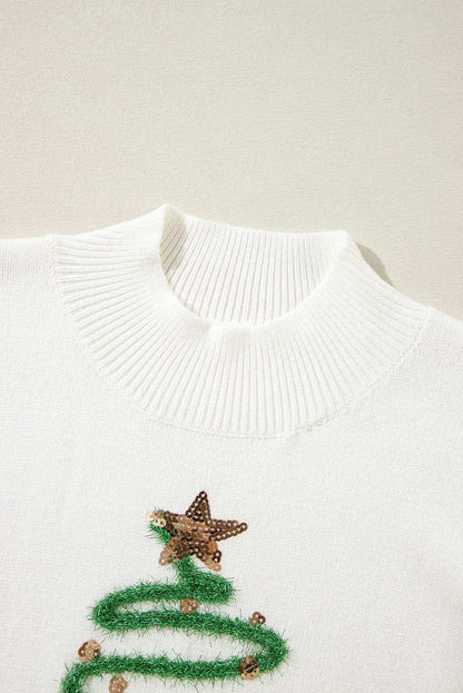 White Tinsel Christmas Tree Puff Short Sleeve Sweater 