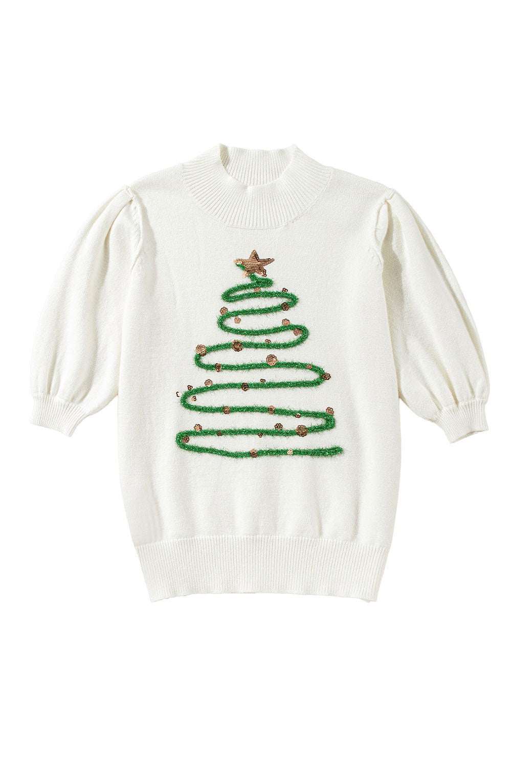 White Tinsel Christmas Tree Puff Short Sleeve Sweater 