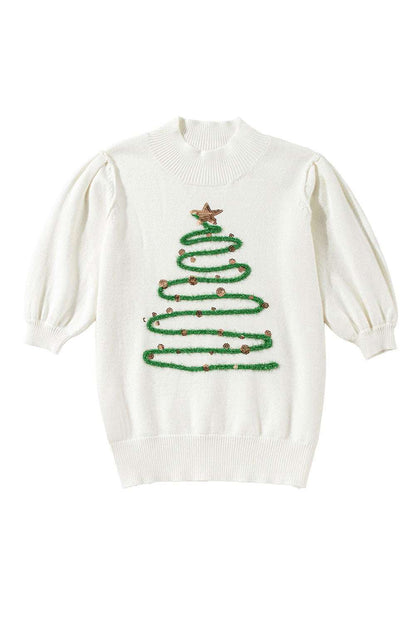 White Tinsel Christmas Tree Puff Short Sleeve Sweater 