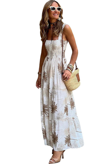 White Tropical Print Smocked Ruffled Straps Maxi Dress 