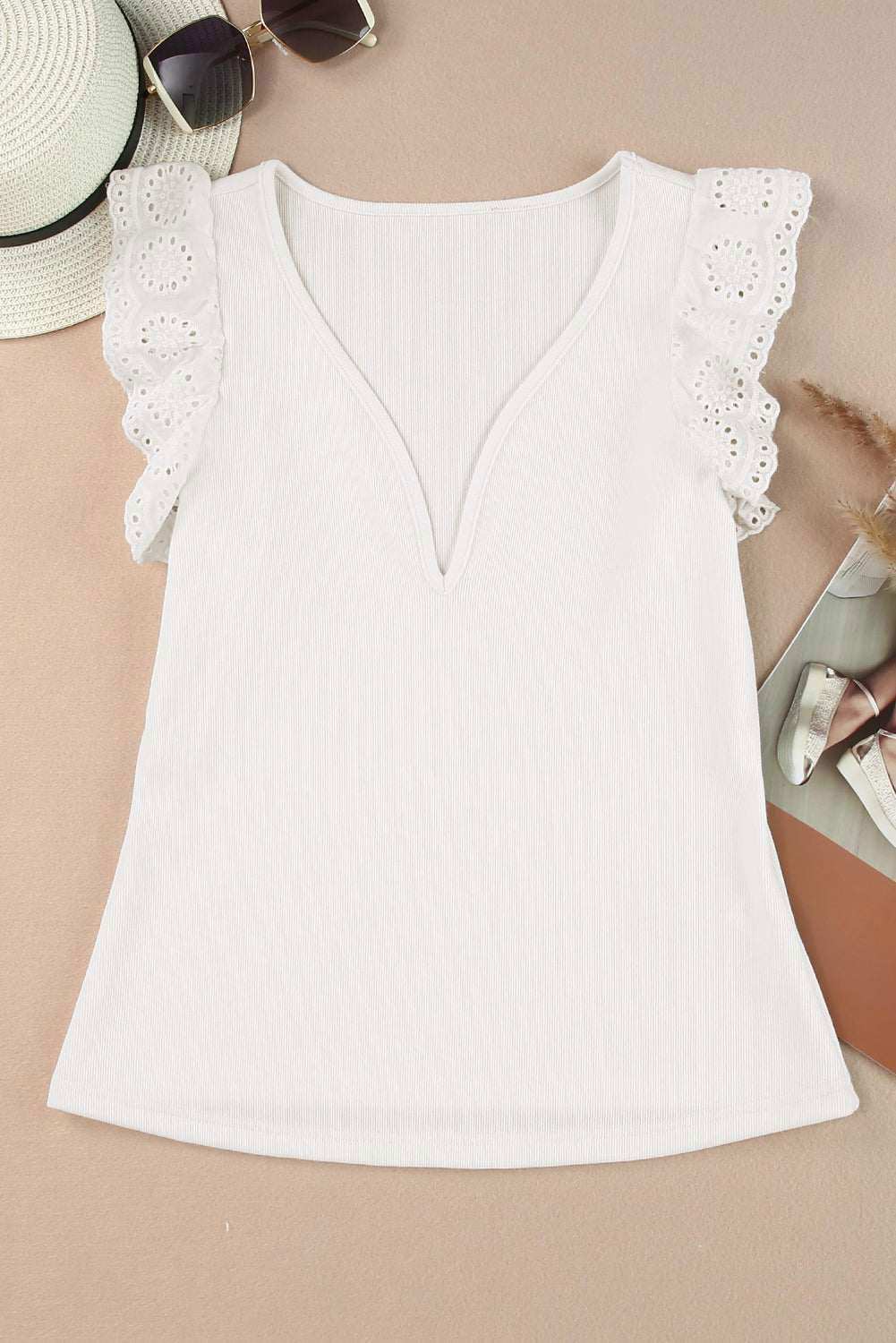 White V Neck Flutter Shoulder Ribbed Knit Top 