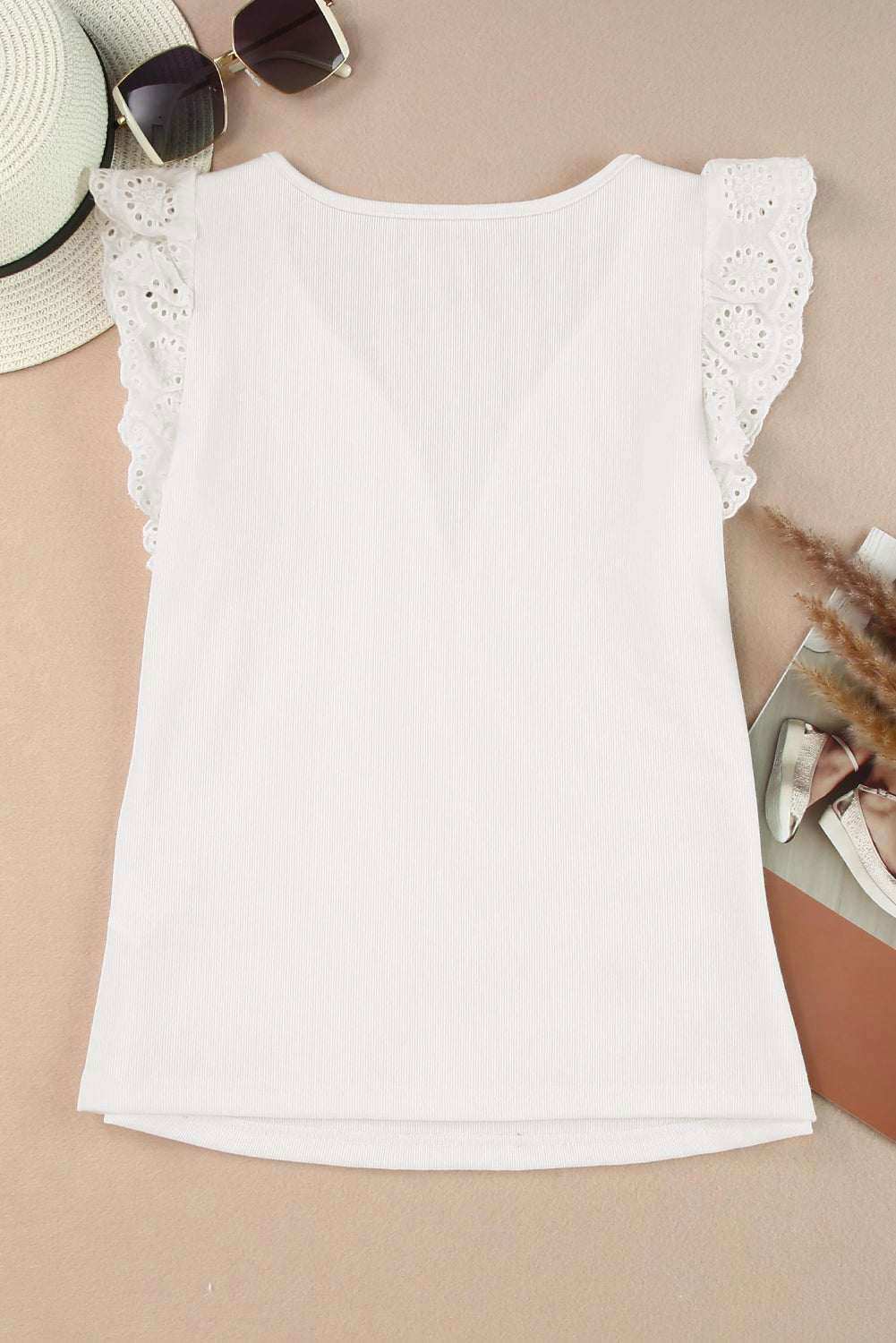 White V Neck Flutter Shoulder Ribbed Knit Top 