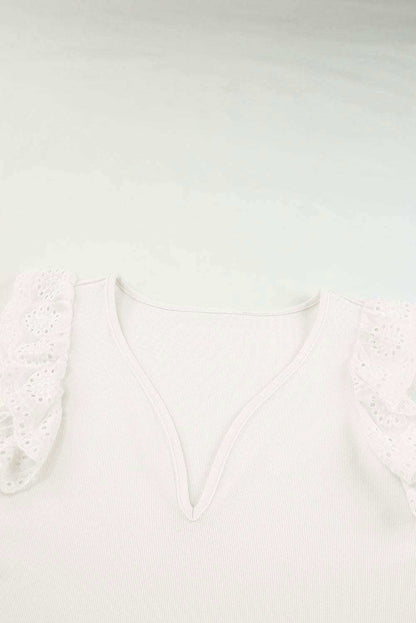 White V Neck Flutter Shoulder Ribbed Knit Top 